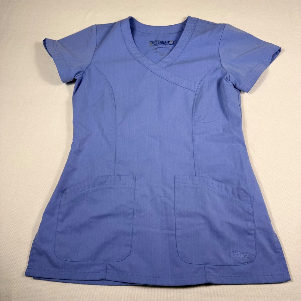 Grey's Anatomy Scrub Top XS Blue Signature Series Mock Wrap V-Neck 2115